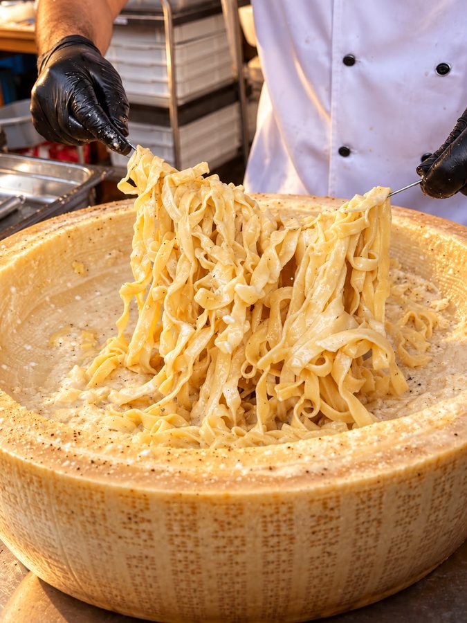 Pasta wird mit zwei Gabeln im Rad gewendet.